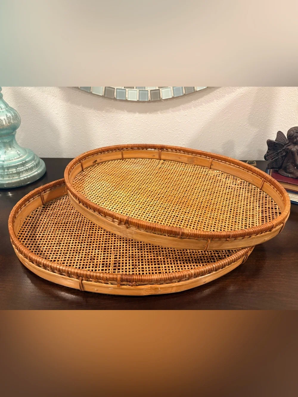 Vintage Bamboo Rattan Oval Nesting Trays Set of 2 Boho Coastal